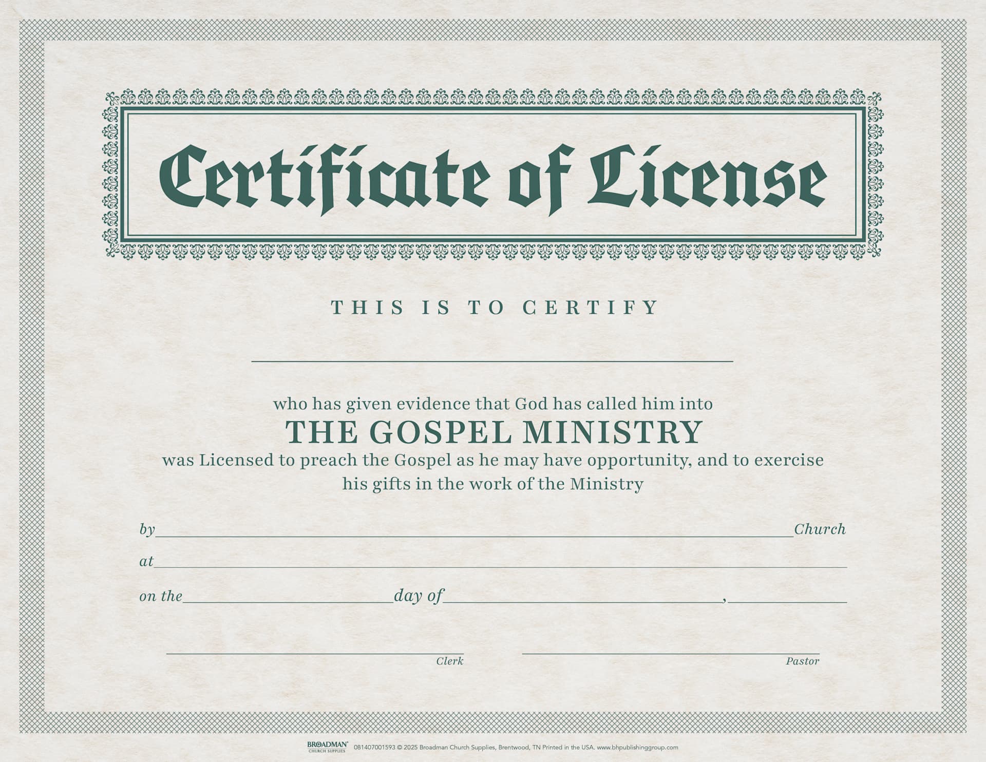 9780805472684? a=BAVAZGDW0 certificate of license for minister - parchment | lifeway