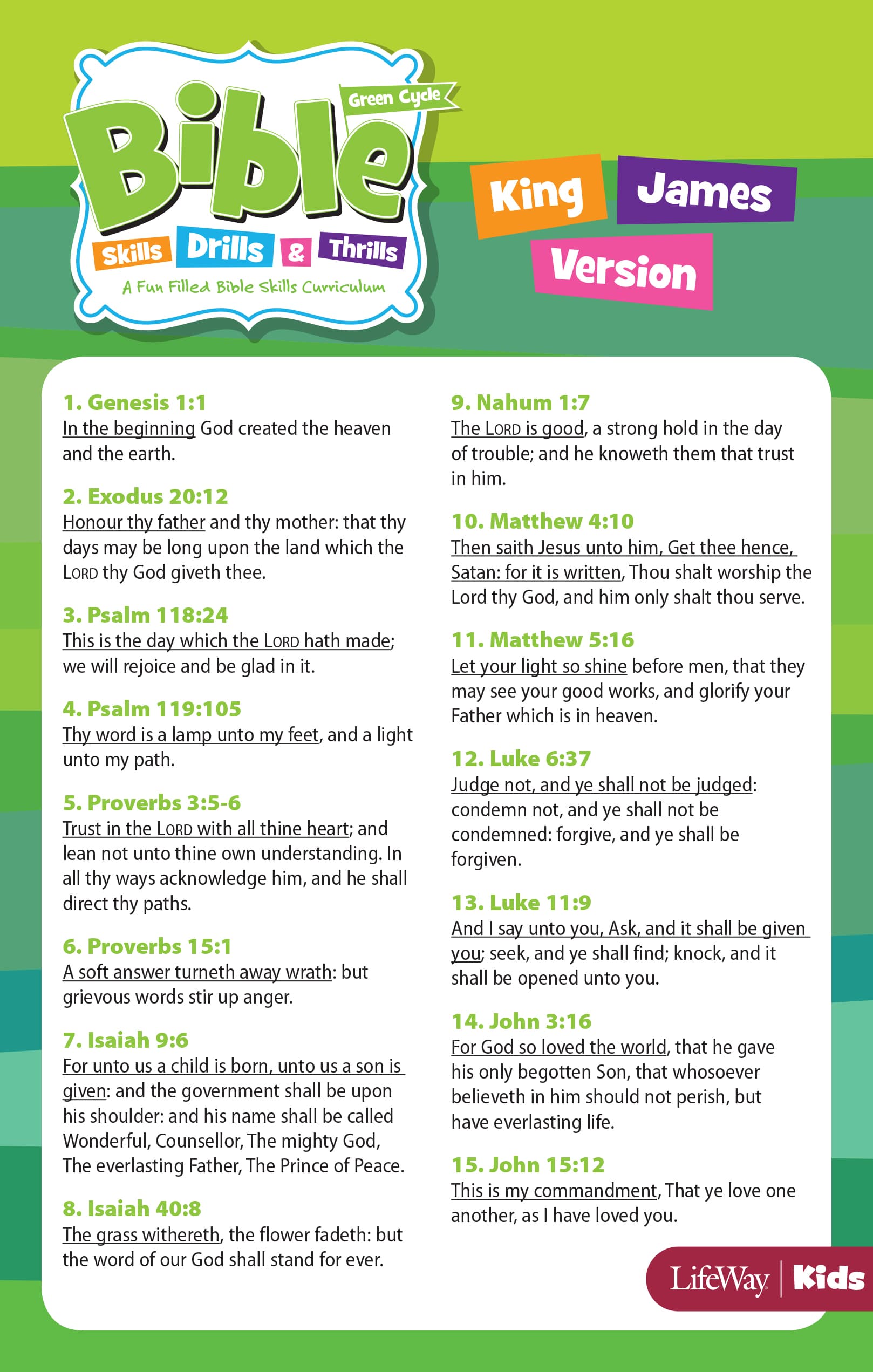 Bible Skills Drills and Thrills Green Cycle Verse Cards - KJV