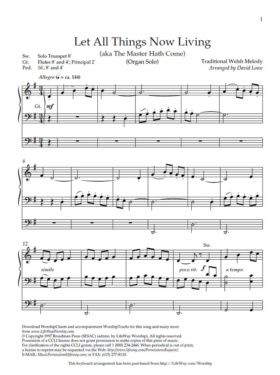 Let All Things Now Living - Downloadable Keyboard Arrangment