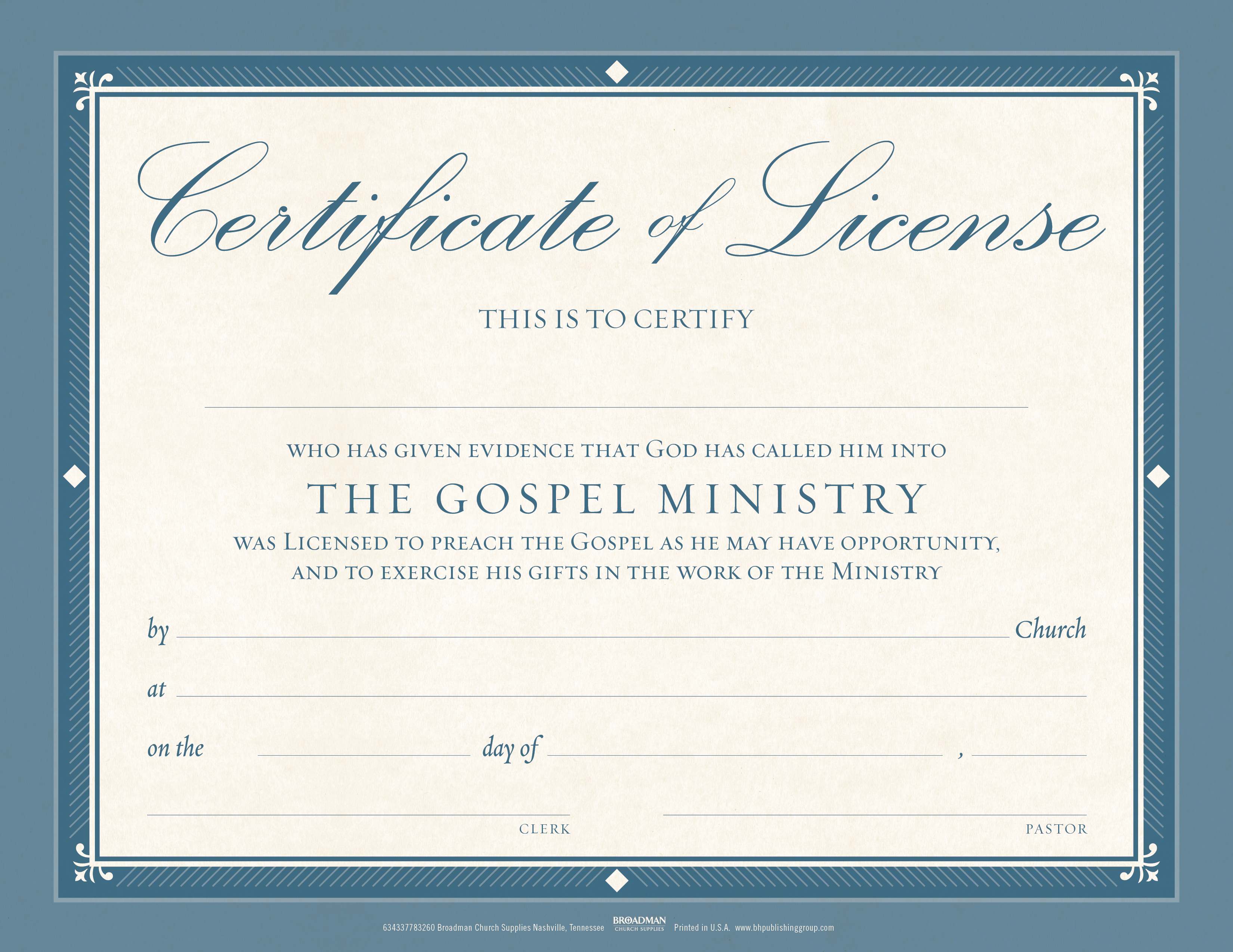 Certificate of License for The Gospel Ministry - Flat Parchment ...