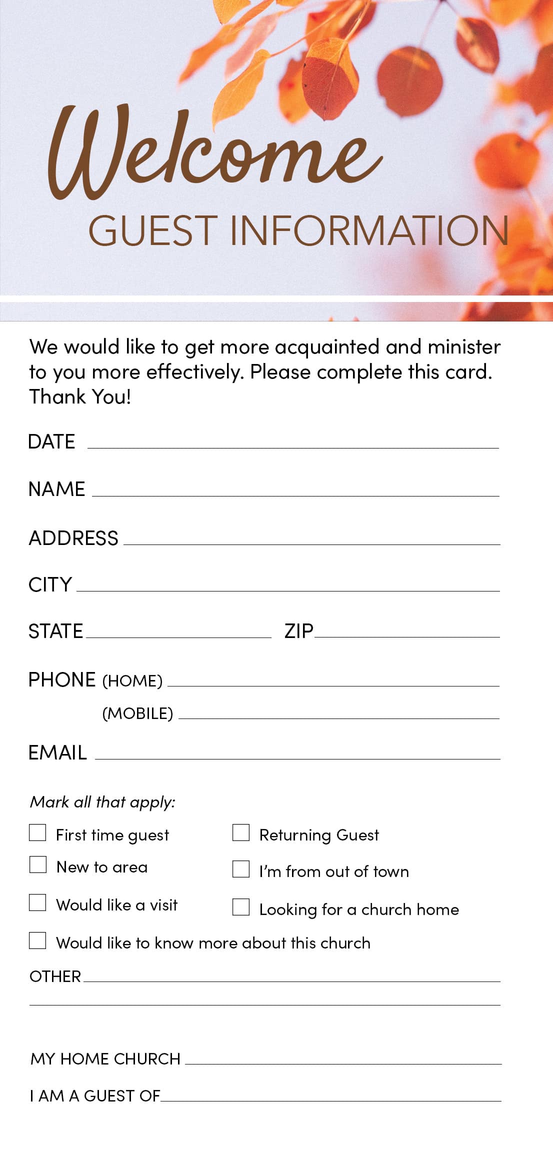 slide 1 of 2 for Guest Information Card: Welcome - Fall (Package of 50)