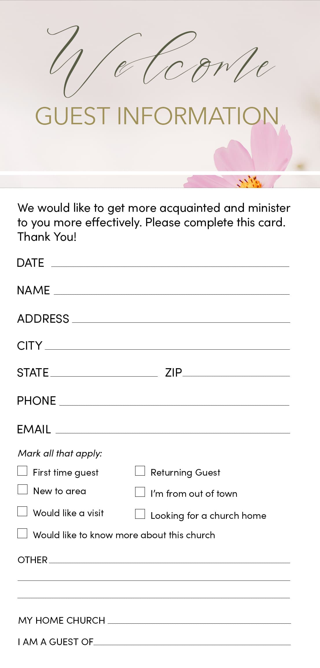 slide 1 of 2 for Guest Information Card: Welcome - Spring (Package of 50)