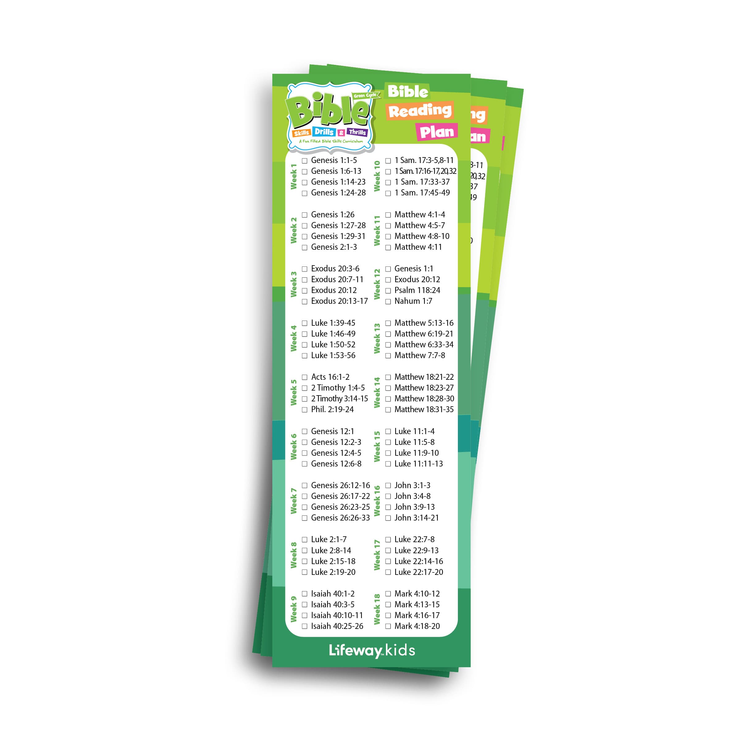 Bible Skills Drills and Thrills Green Cycle Bible Reading Plan Bookmark (Pkg 25)