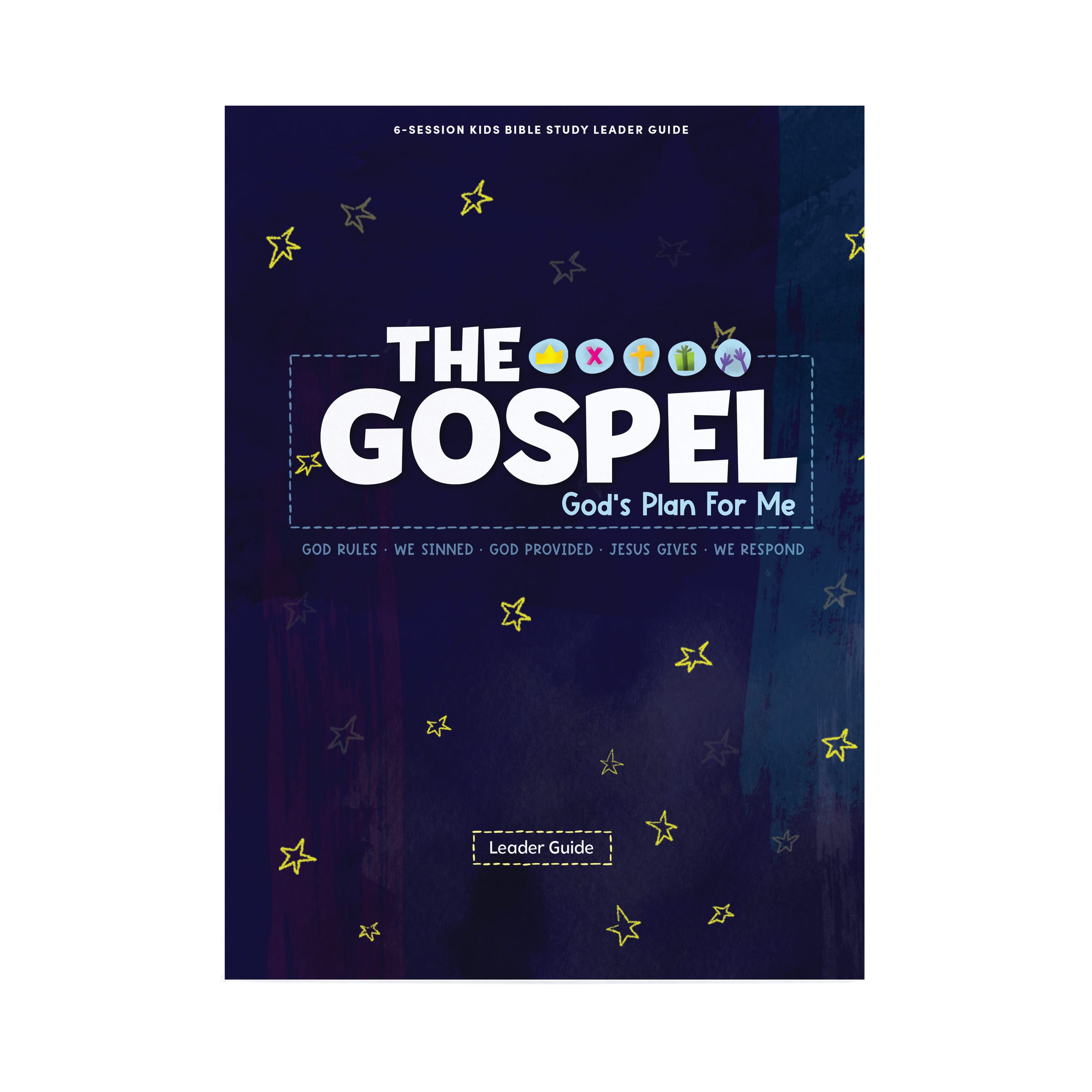 The Gospel: Gods Plan for Me Leader Guide cover with a starry night design and bright, colorful title elements.