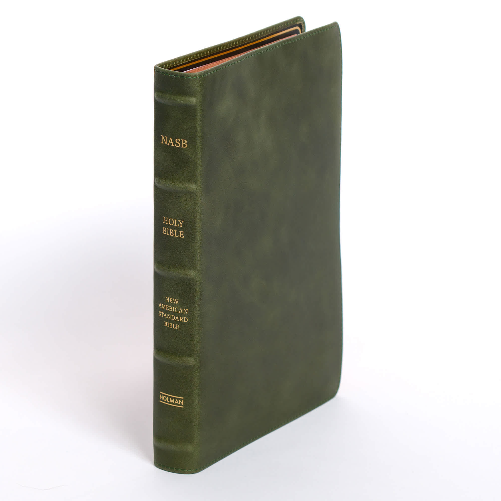 slide 2 of 12 for NASB Large Print Thinline Bible, Holman Handcrafted Collection, Marbled Olive Premium Calfskin