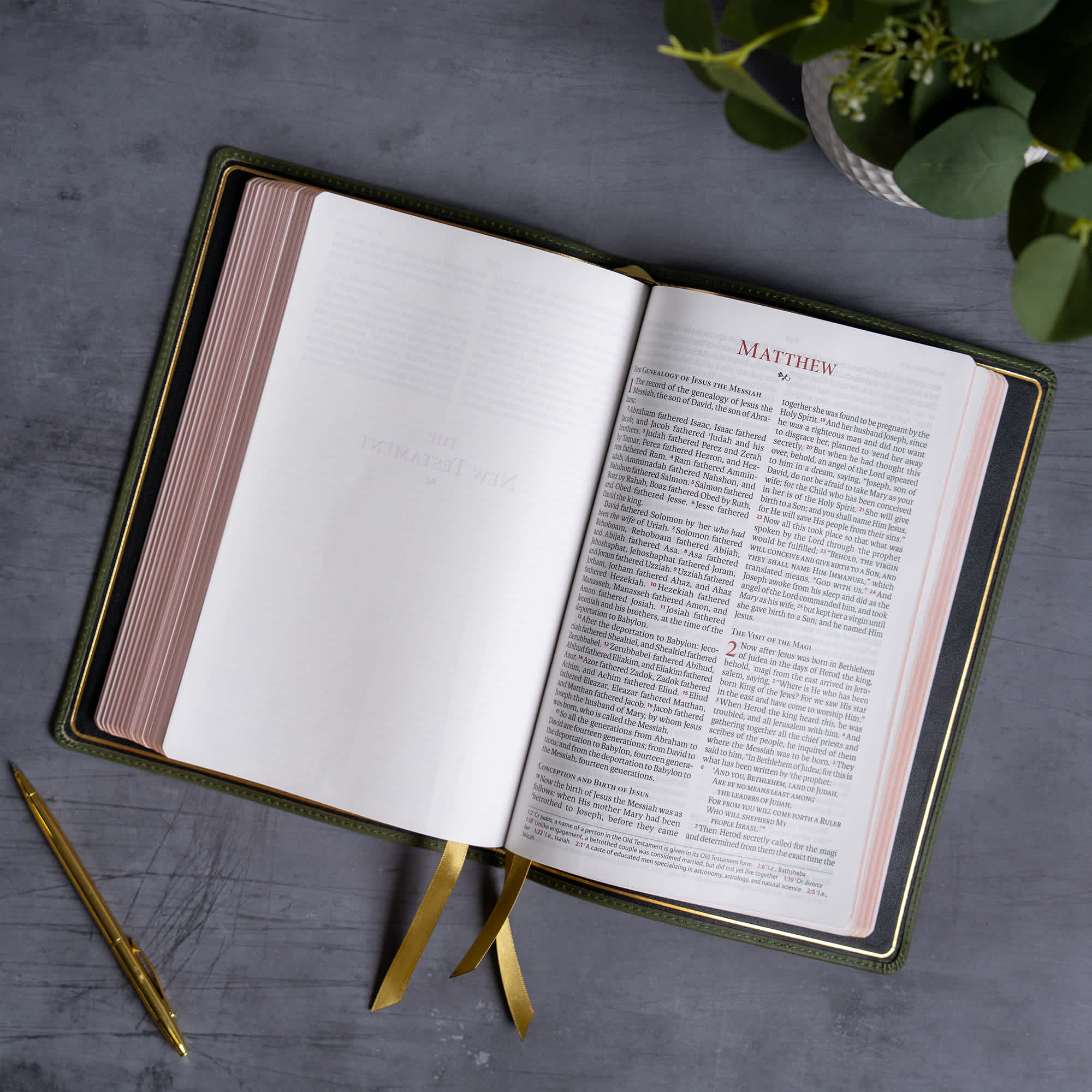 slide 5 of 12 for NASB Large Print Thinline Bible, Holman Handcrafted Collection, Marbled Olive Premium Calfskin
