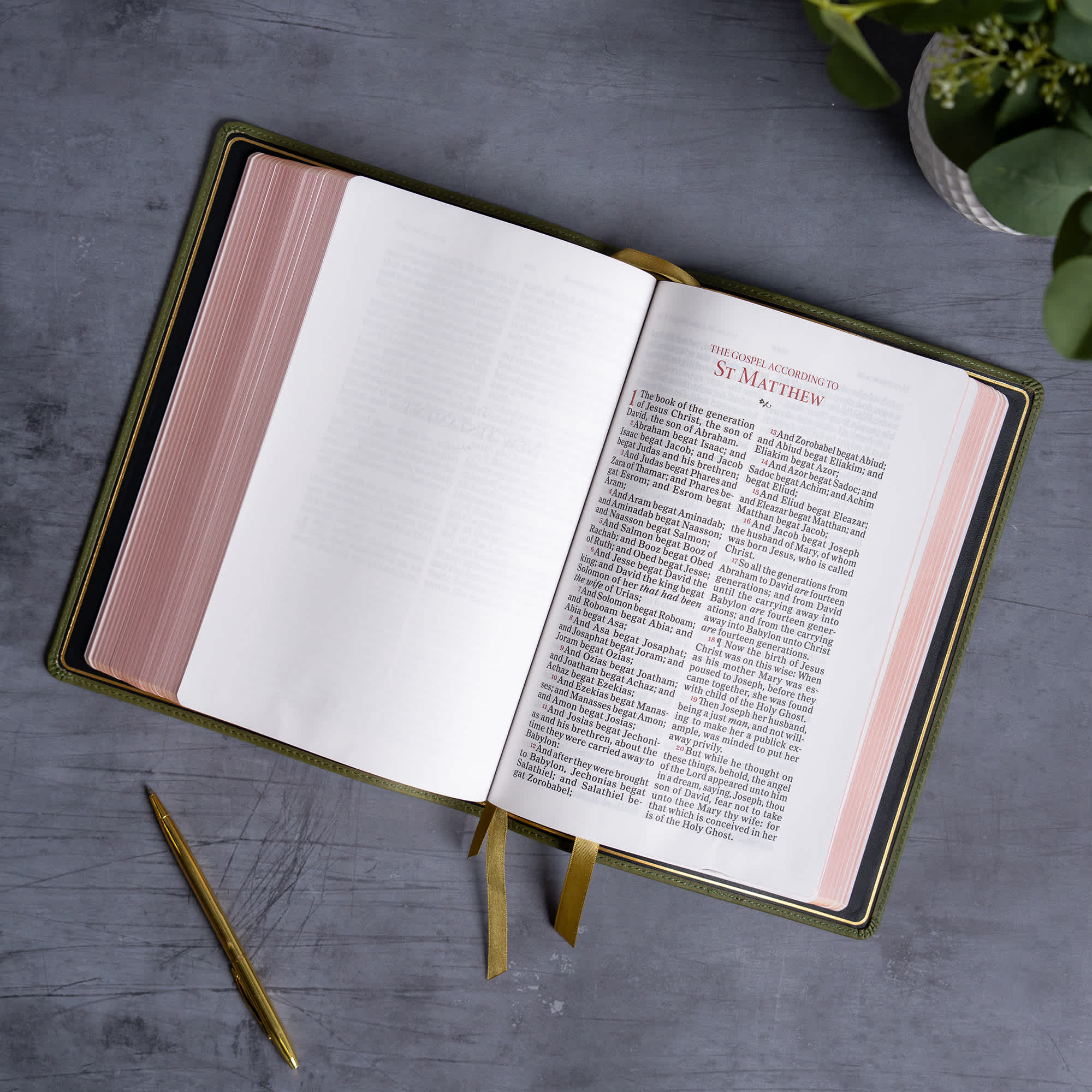 slide 5 of 12 for KJV Giant Print Bible, Holman Handcrafted Collection, Marbled Olive Premium Calfskin