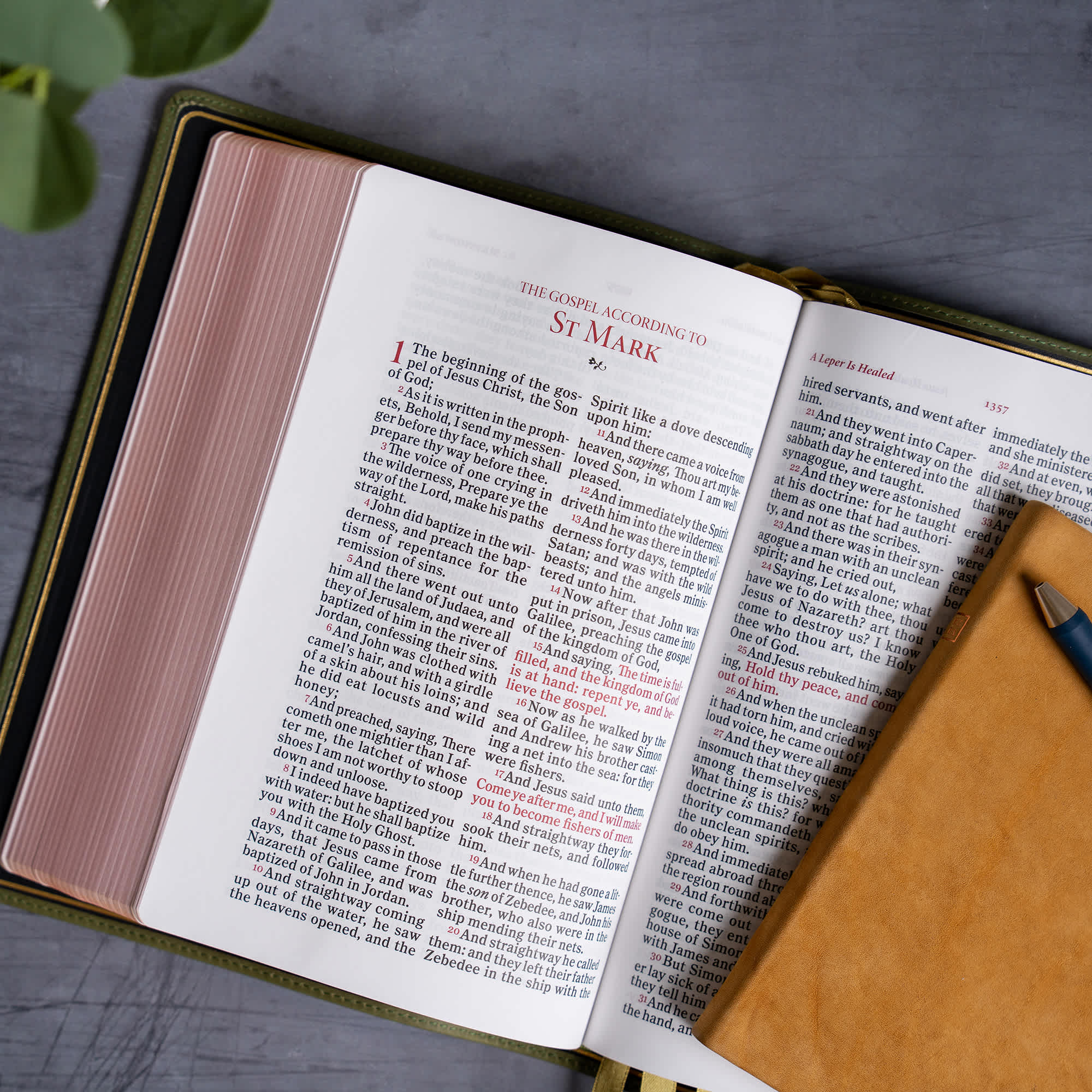 slide 6 of 12 for KJV Giant Print Bible, Holman Handcrafted Collection, Marbled Olive Premium Calfskin