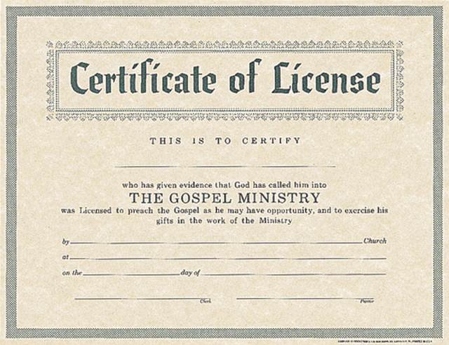 Certificate of License for Minister - Parchment