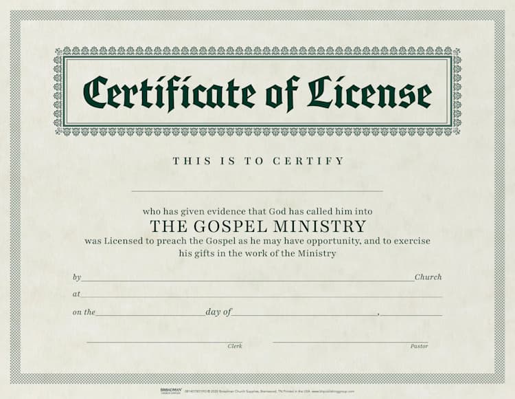 Certificate of License for Minister - Parchment