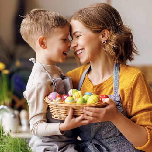 Mother and son with Easter eggs