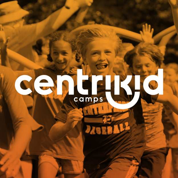 CentriKid Camps logo overlaid on an image of children running and smiling at camp, with an energetic and joyful atmosphere