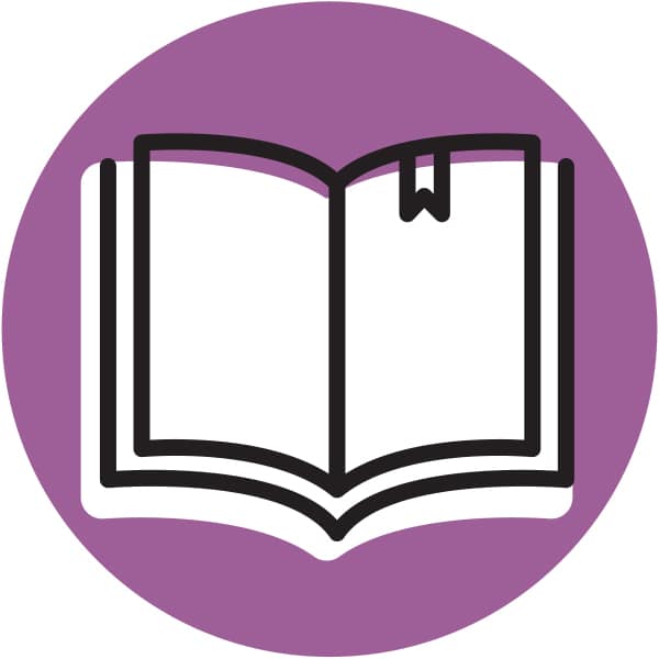 Open book icon in black and white, placed on a purple circle background