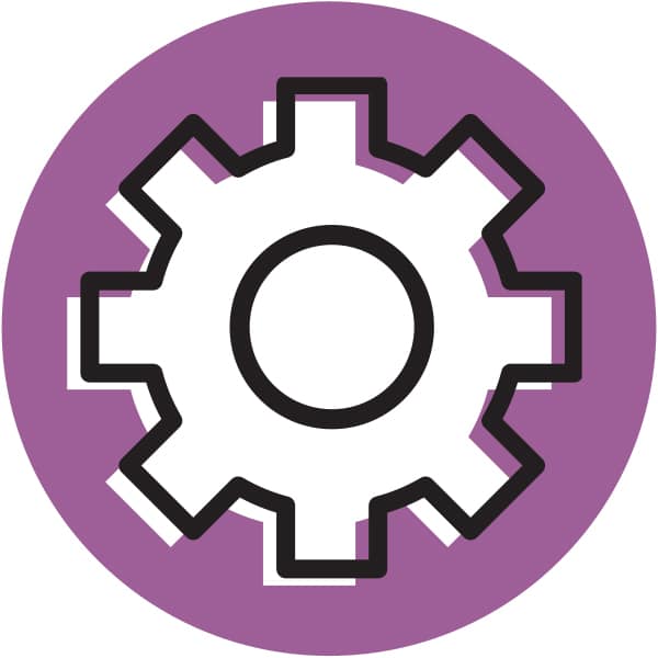 Gear or cogwheel icon in black and white, placed on a purple circle background