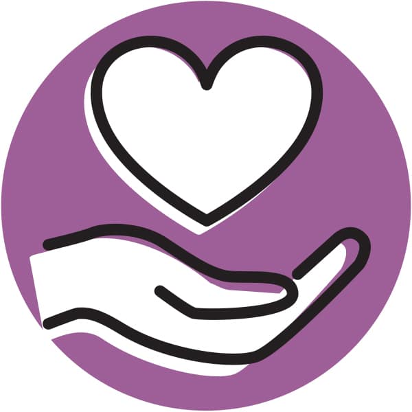 A purple icon of a hand holding a heart inside a circle, symbolizing care, compassion, or service