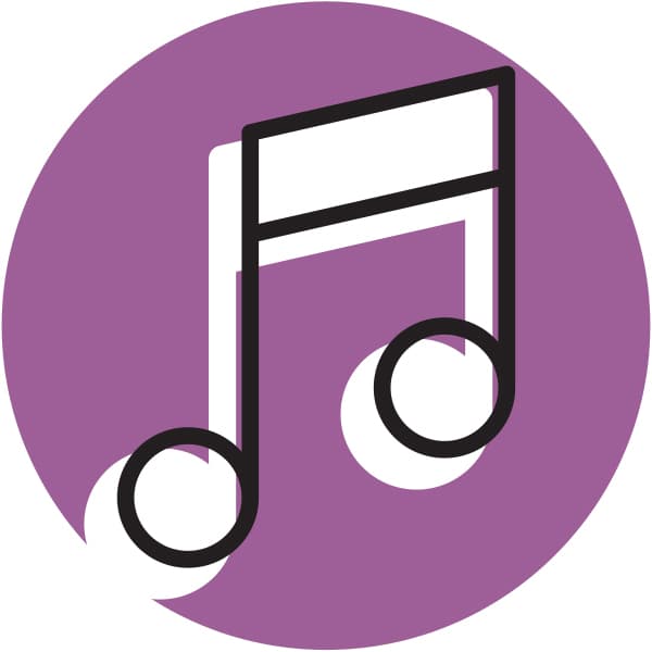 A purple icon of a musical note inside a circle, representing music or worship