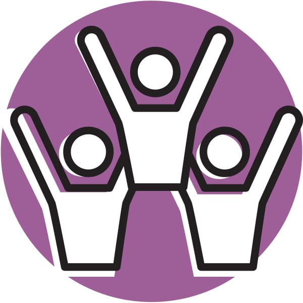 A purple icon of three people with their arms raised inside a circle