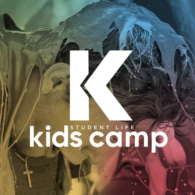 Student Life Kids Camp logo with a camper in the background, covered in paint during a camp activity