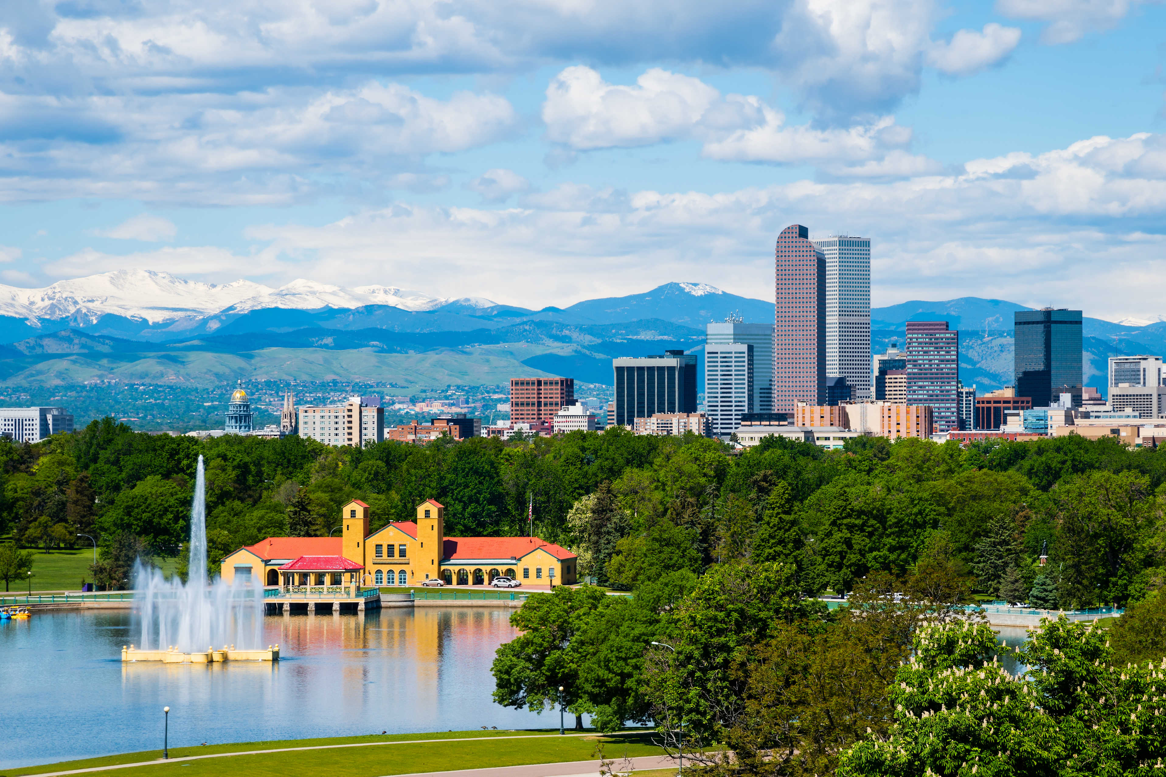 Skyline of Denver, Colorado with mountains in background