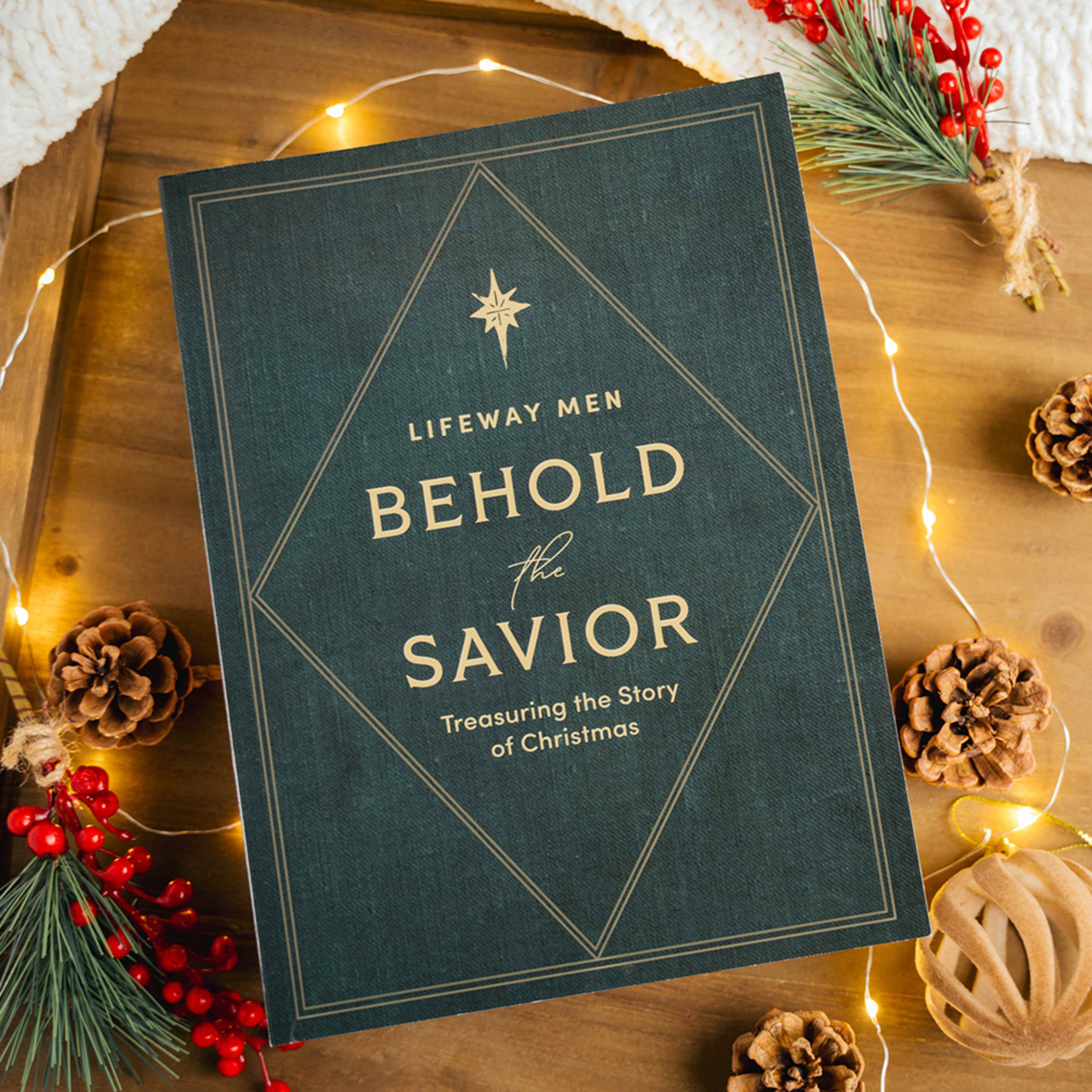 men's Bible study with Christmas lights around it.