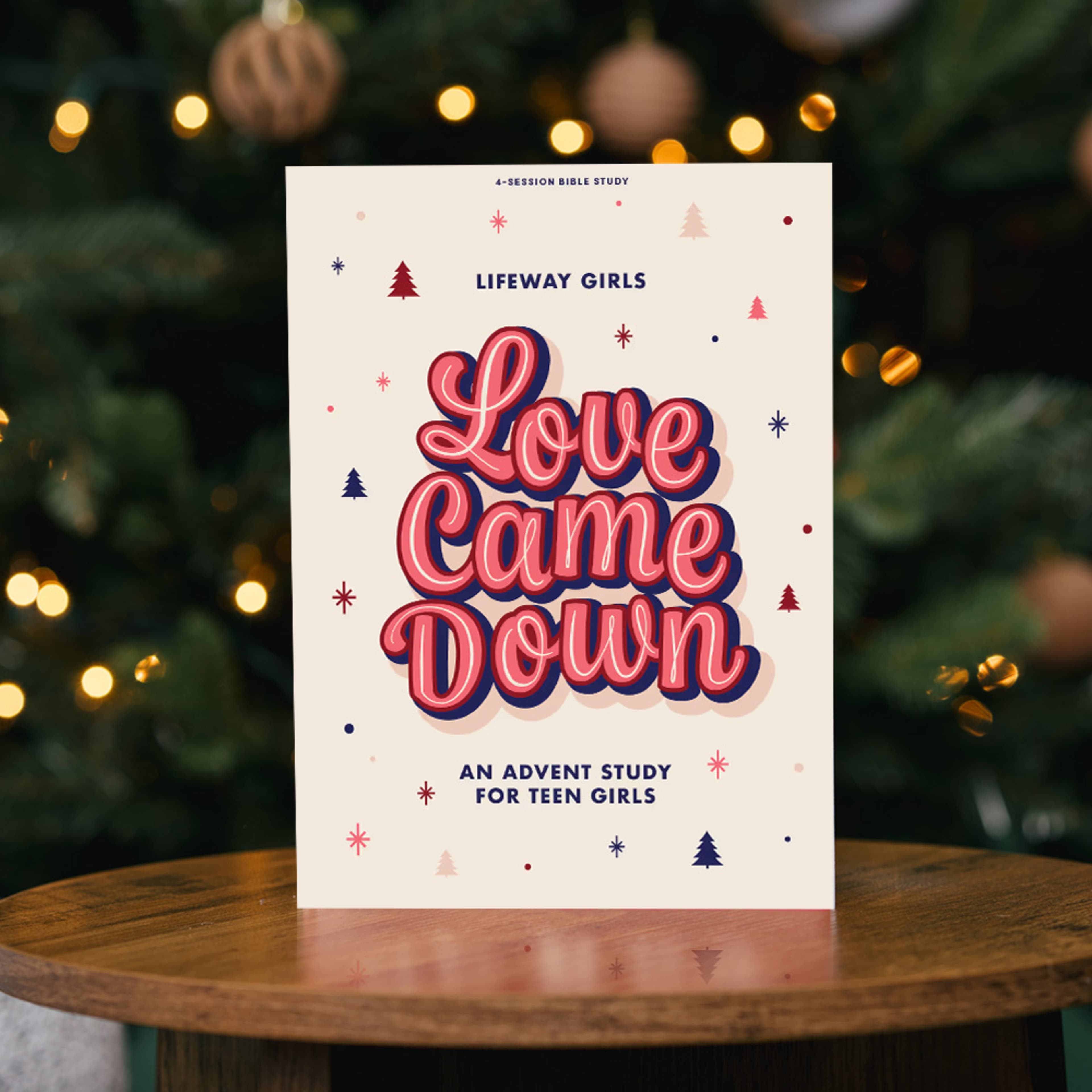 Love Came Down Bible Study in front of a Christmas tree