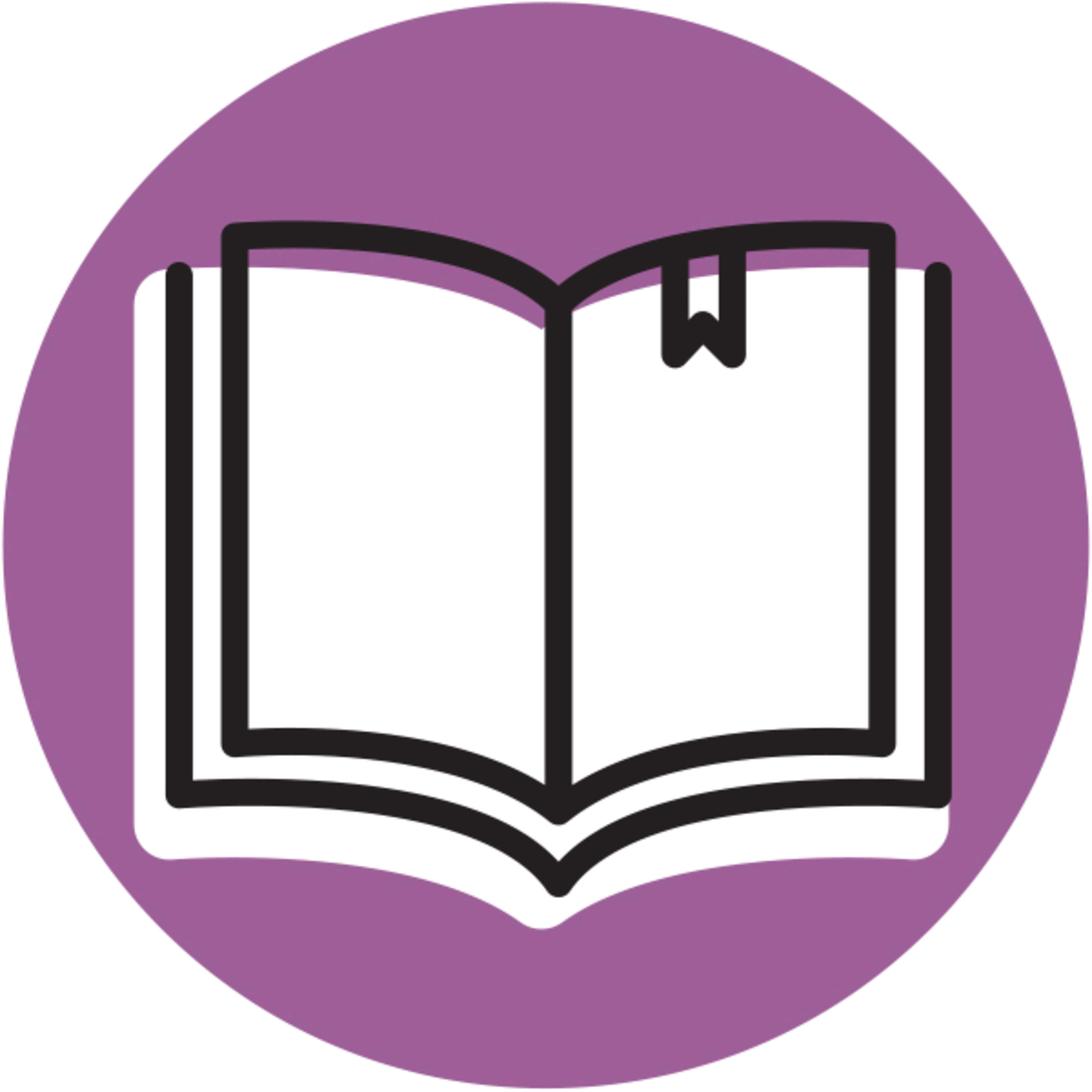 Open book icon in black and white, placed on a purple circle background