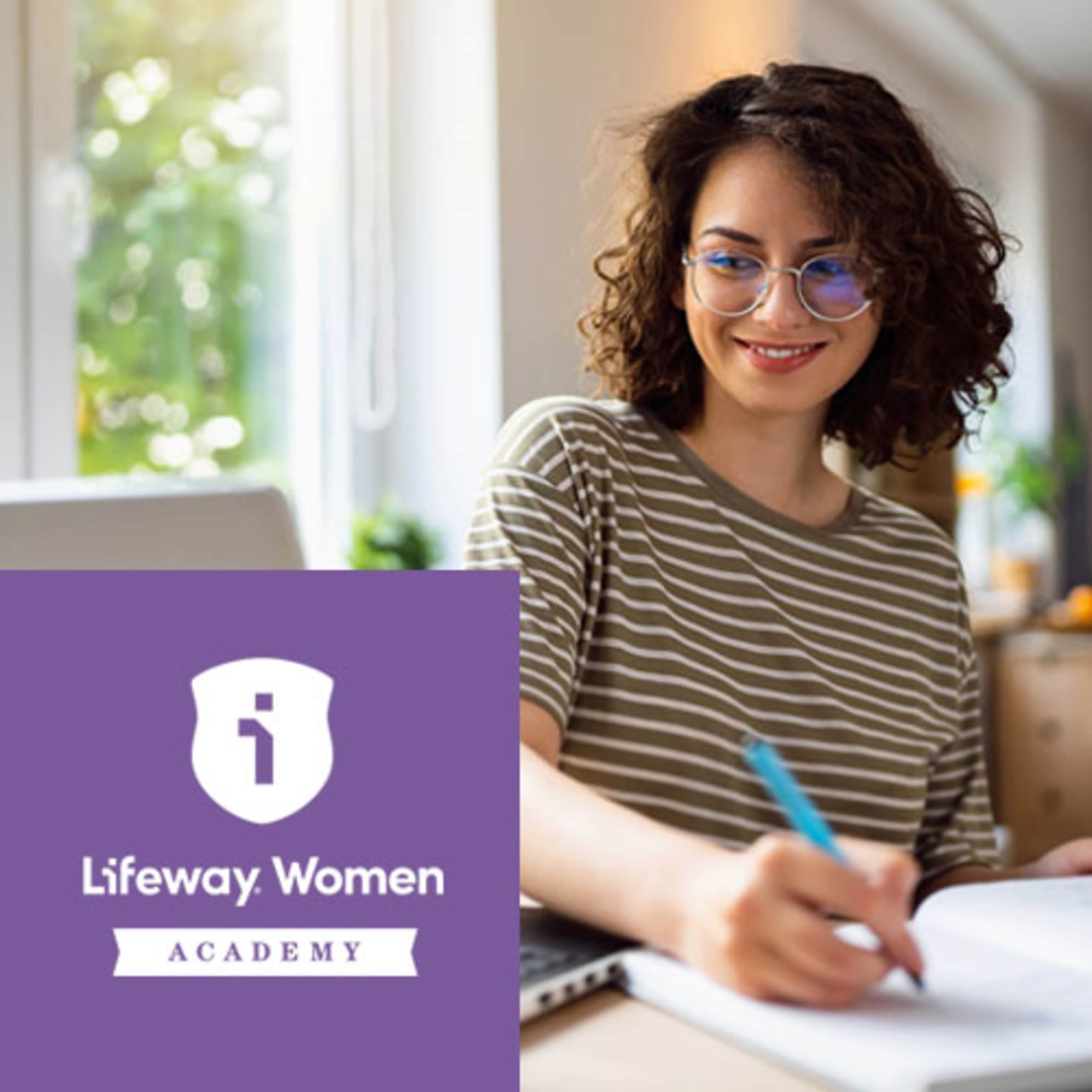 Lifeway Women Academy logo with women writing in book
