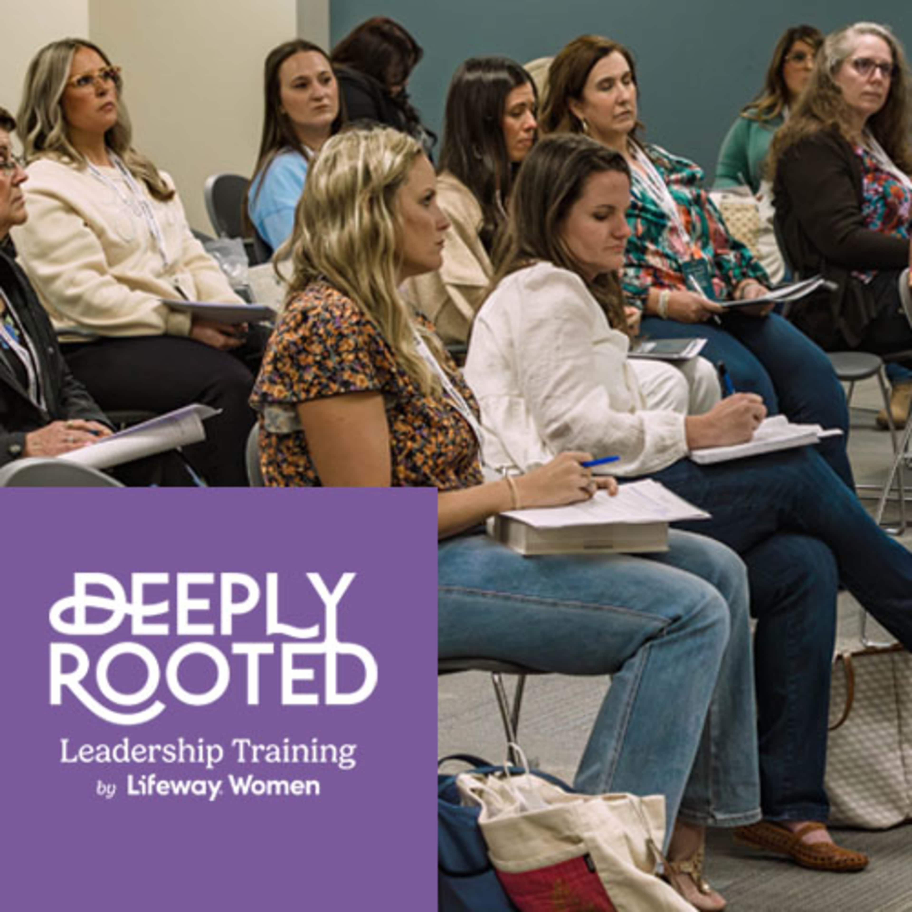 Multiple women sitting at desk in a classroom with Deeply Rooted logo in corner