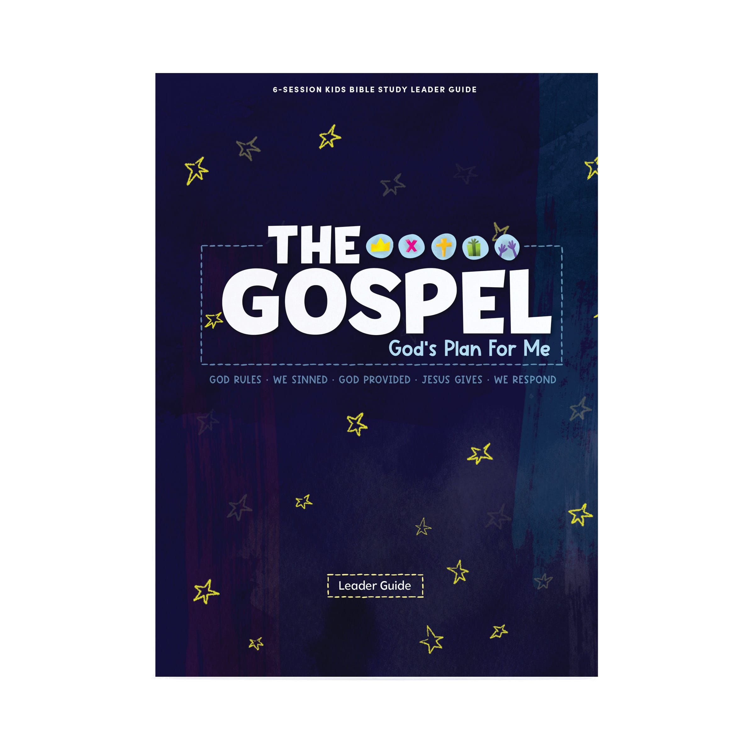 The Gospel: Gods Plan for Me Leader Guide cover with a starry night design and bright, colorful title elements.