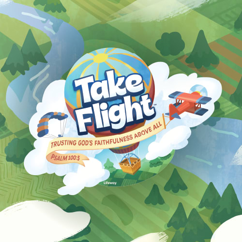 Take Flight VBS with animated airplane flying through clouds