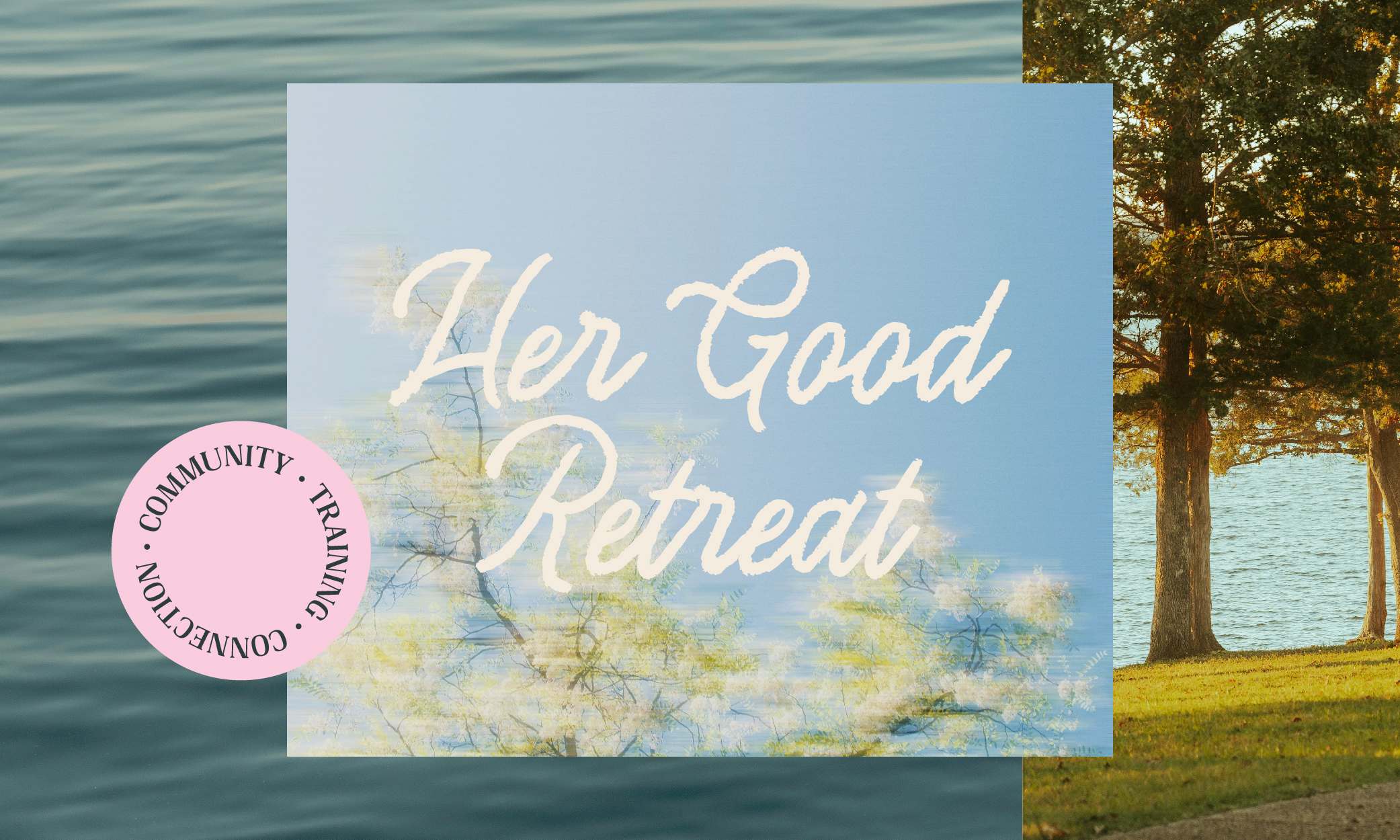 Her Good Retreat logo with tree and water in background