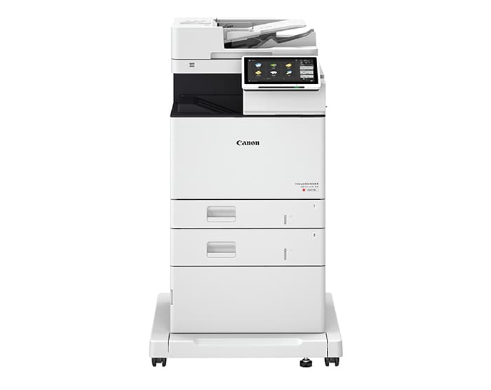 Side view of a Canon multifunction printer with additional modules.
