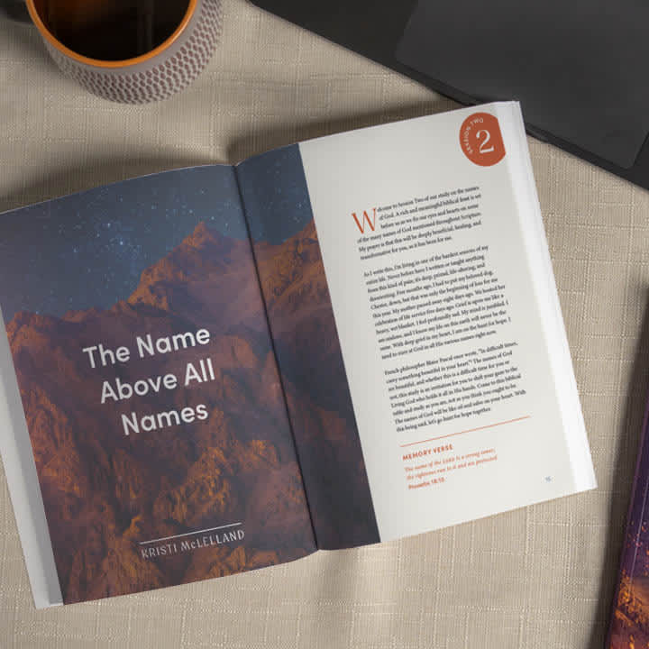 The Names of God Bible study book open on table