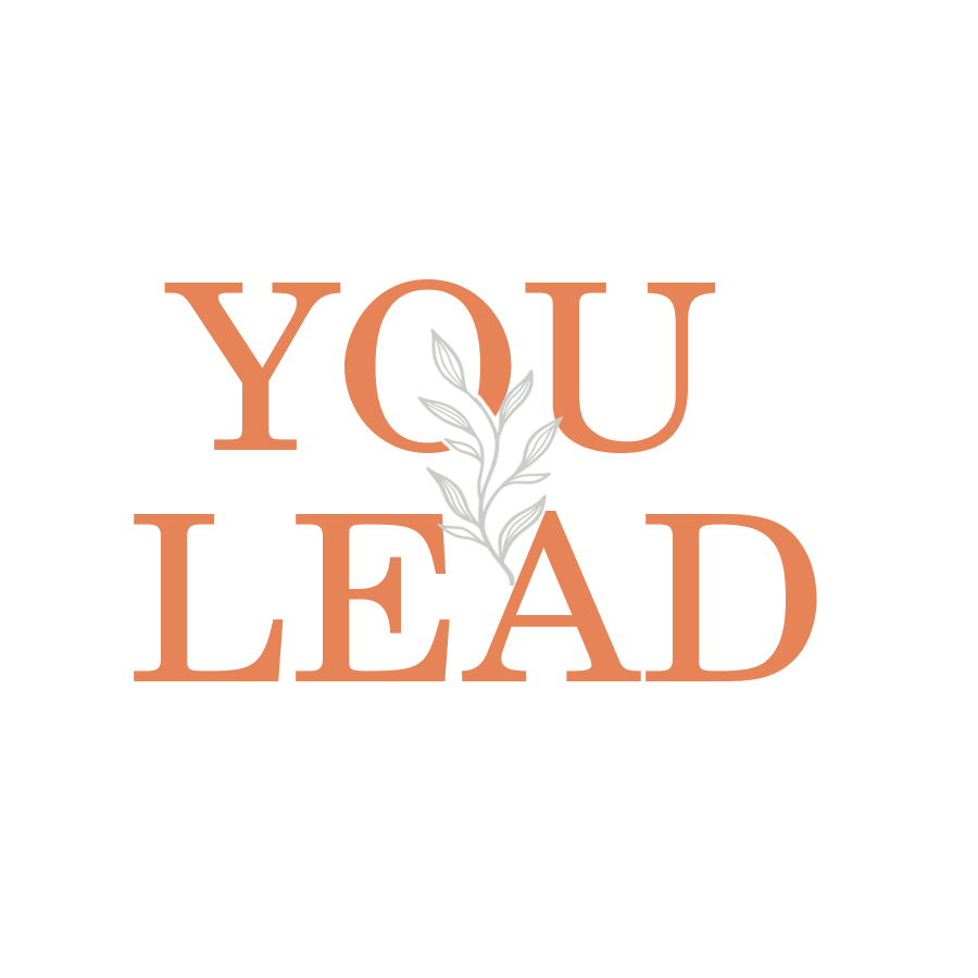 Logo for You Lead featuring bold orange text with a gray leaf design