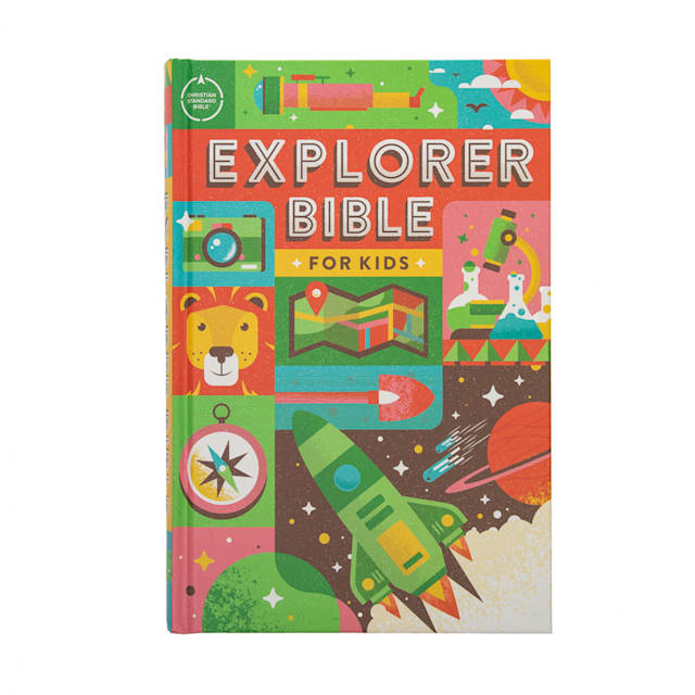 Cover of the Explorer Bible for Kids featuring colorful illustrations of a lion, rocket, and scientific tools.