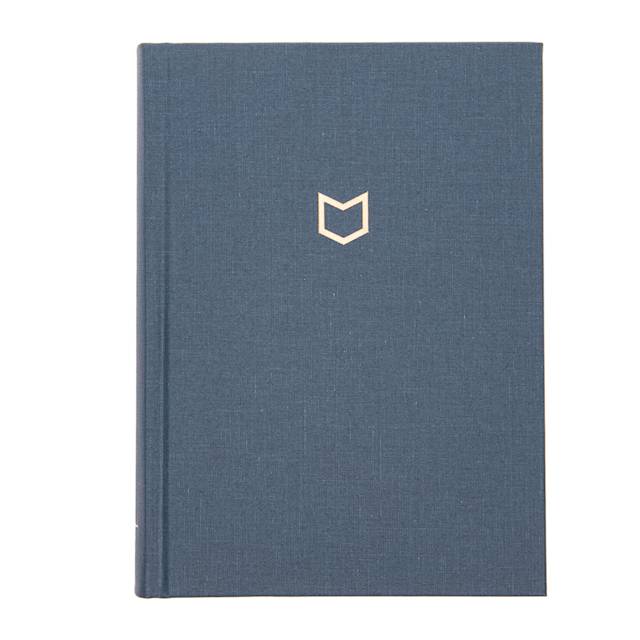 Simple blue hardcover book with a small gold logo in the center.