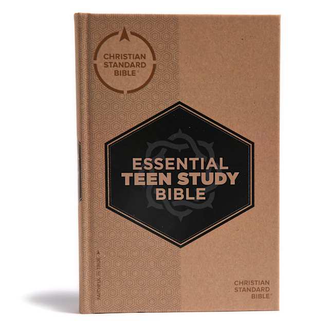 Essential Teen Study Bible with a brown hexagonal design on the cover.