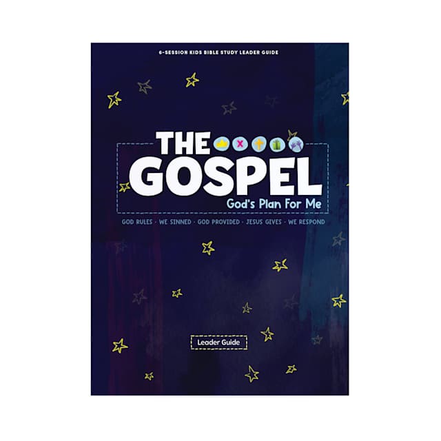 The Gospel: Gods Plan for Me Leader Guide with a blue background and star illustrations.