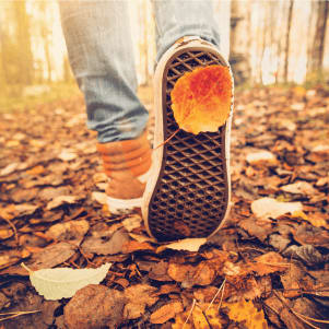 person walking on leaves focused on shoes