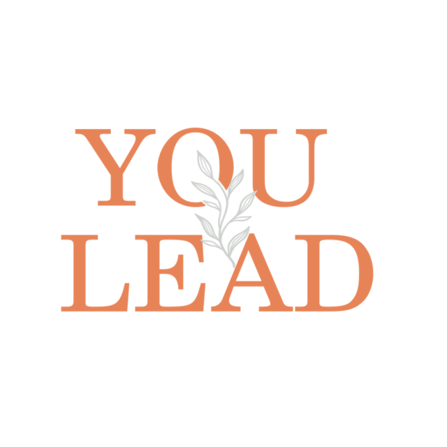 Logo for You Lead featuring bold orange text with a gray leaf design